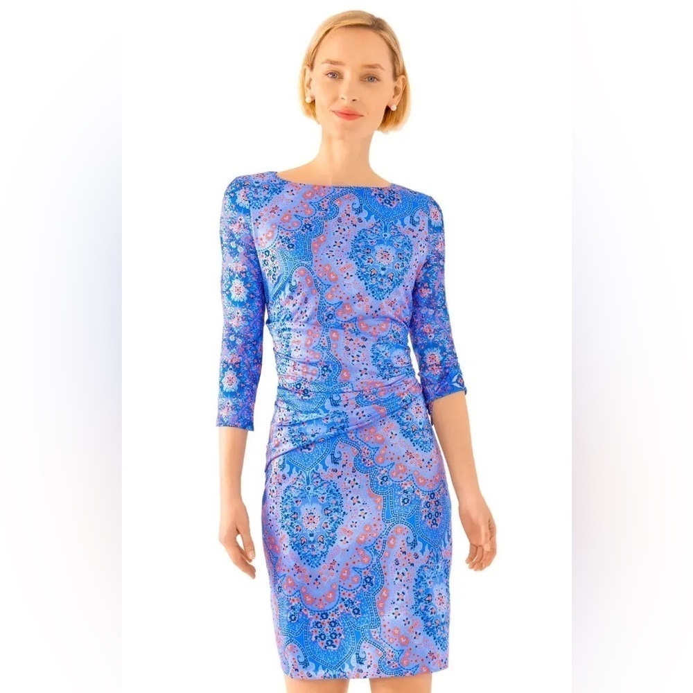 Gretchen Scott women’s XL 16 18 dress Blue 
Orange pattern stretch 3/4 sleeve
